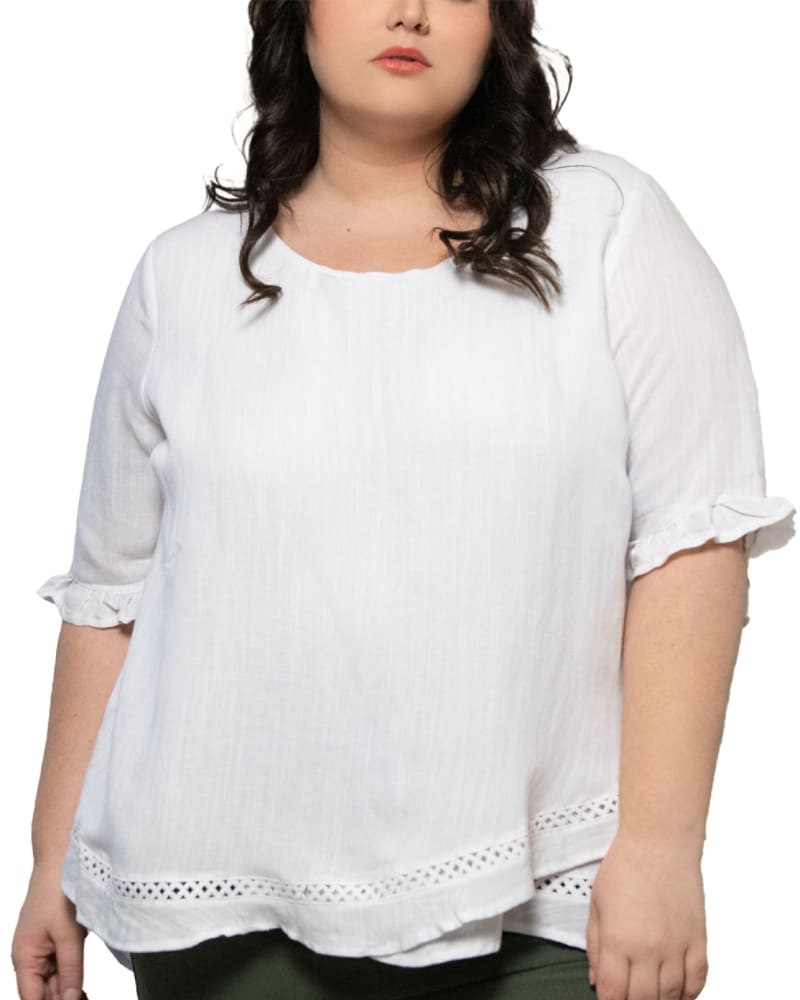 Front of a model wearing a size 1X Jessy Top Relaxed Linen Blend Crossover Hem in White by ANNICK. | dia_product_style_image_id:282076